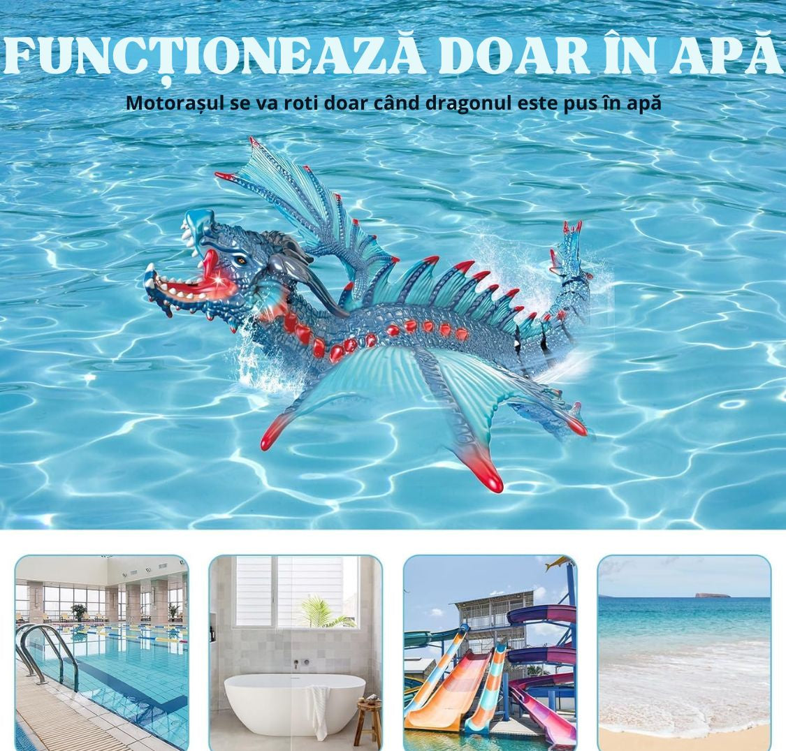Dragon Interactiv de Apă cu Telecomandă, Funcție Stropire, Lumini, Acumulator Reîncărcabil, 43 cm, Jucărie Piscină, Albastru - LUDIRO