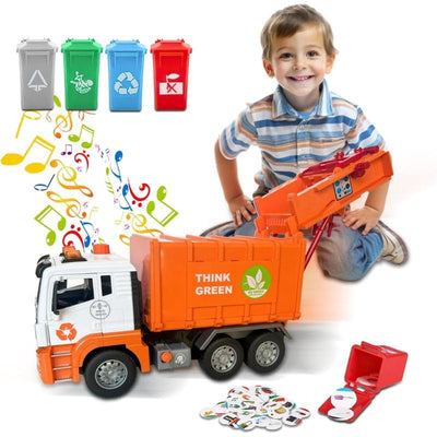 Camion de Gunoi Interactiv Pull Back cu Lumini si Sunete Realiste, Usi mobile, 4 Containere, Stimuleaza Imaginatia si Invata Despre Protectia Mediului, 31x16x10 Cm, Alb Portocaliu, +3 Ani - LUDIRO