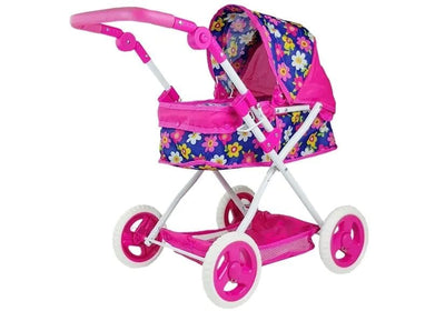 Carucior Landou pentru Papusi, Pliabil, Cu Maner Reglabil, Model Floral, Inaltime 65 Cm, Multicolor, + 3 Ani - LUDIRO