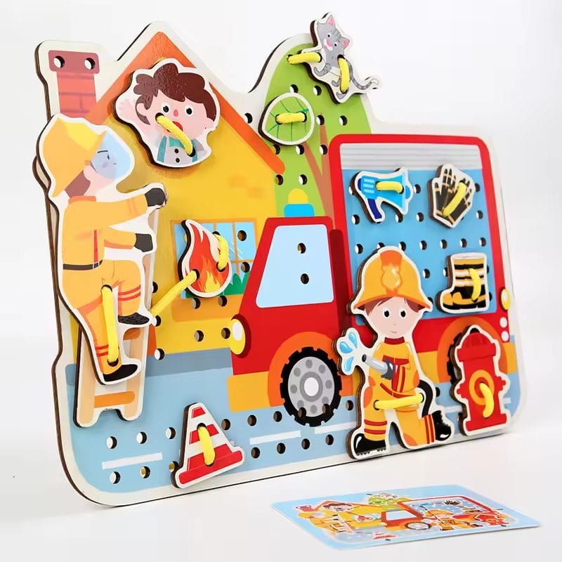 Puzzle Interactiv din Lemn, Pompieri, 31 piese de Snuruit pentru Dezvoltarea Abilitatilor Motorii si Educatia Copiilor, 29x21.5 Cm, +3 Ani - LUDIRO