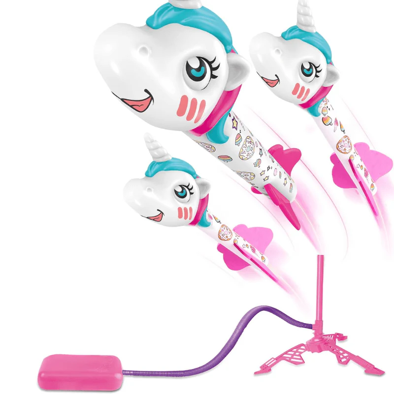 Pachet Curte Activă pentru Copii – Trambulina 122x140 cm cu Plasă de Protecție + Set Lansator cu 3 Rachete Spumă Unicorn + Pistol Baloane Săpun LUDIRO Îngeraș cu 6 Guri și LED | Exterior - LUDIRO