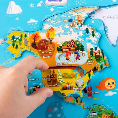 Puzzle Educativ Magnetic din Lemn, Harta Lumii, Invatare Interactiva pentru Copii peste 3 Ani, 143 Piese, 44.2x34.7 Cm - LUDIRO