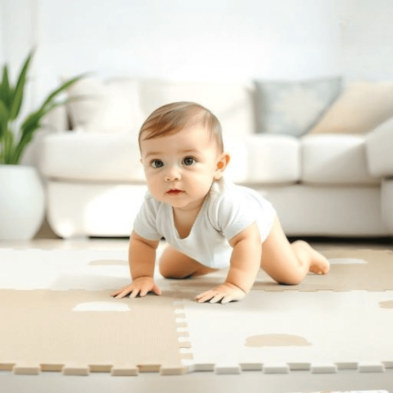 Covor Puzzle LUDIRO, 4 Piese 60x60 Cm, Spuma EVA, Protectie, Design Ursulet, Alb Gri - LUDIRO