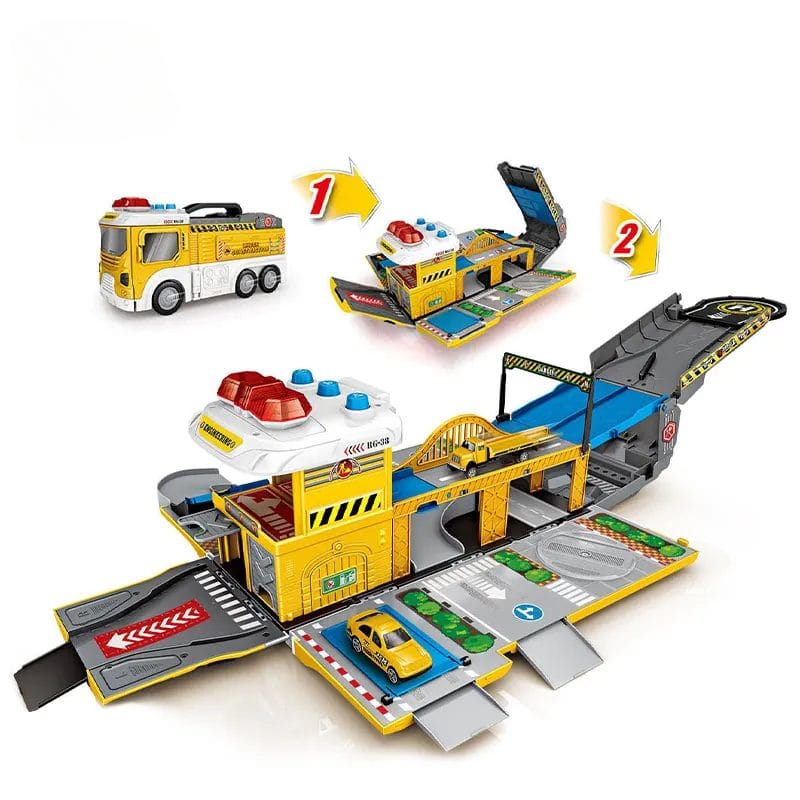 Set de Joaca Camion 2 in 1 Transformabil in Santier de Constructii, cu Masini, Elicopter, Rampa si Sunete Realiste, Jucarie Educativa pentru Copii, Stimuleaza Invatarea prin Joaca,+ 3 Ani - LUDIRO