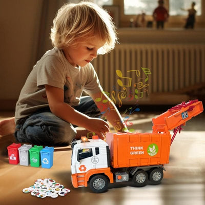 Camion de Gunoi Interactiv Pull Back cu Lumini si Sunete Realiste, Usi mobile, 4 Containere, Stimuleaza Imaginatia si Invata Despre Protectia Mediului, 31x16x10 Cm, Alb Portocaliu, +3 Ani - LUDIRO