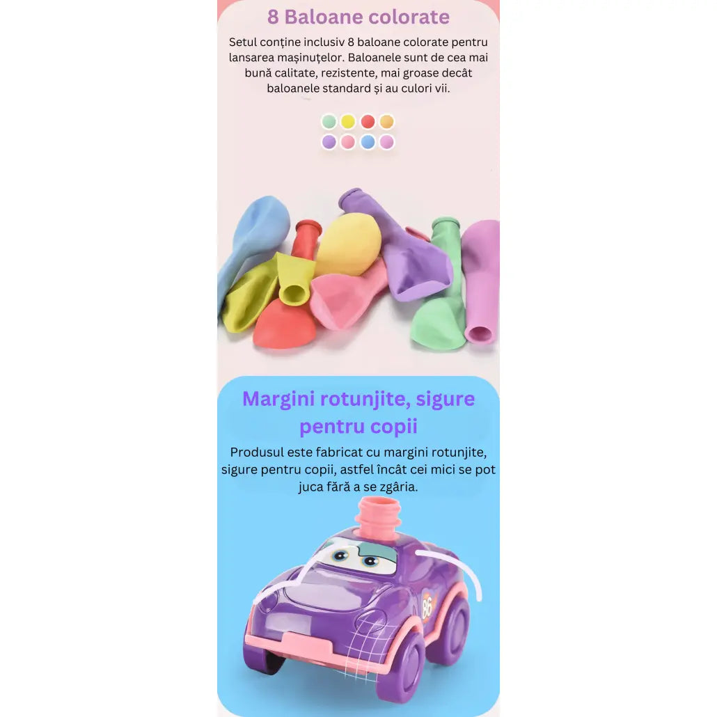Set Interactiv Lansator Masinute cu Baloane, 2 Masinute, 8 Baloane Incluse, 29.8x28.2x12 Cm, Margini Rotunjite, Pompa Manuala, Inel de Etansare, Roz, + 3 Ani - LUDIRO