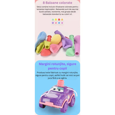 Set Interactiv Lansator Masinute cu Baloane, 2 Masinute, 8 Baloane Incluse, 29.8x28.2x12 Cm, Margini Rotunjite, Pompa Manuala, Inel de Etansare, Roz, + 3 Ani - LUDIRO