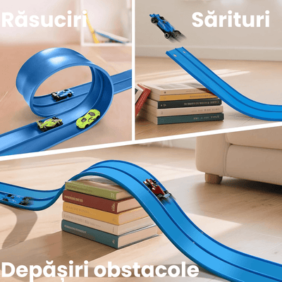 Pistă Auto Flexibilă Ludiro 4.5m, 2 Benzi, Prindere Ventuze, Compatibilă 1:64, Albastru - LUDIRO