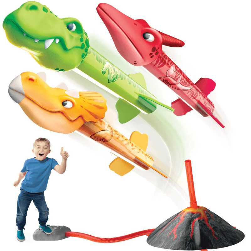 Pachet Curte Activă pentru Băieți – Trambulina 140 cm Galbenă cu Plasă de Protecție + Set Rachete Dinozaur cu Lansator Vulcan + Pistol Baloane Săpun Îngeraș Albastru cu 6 Guri și LED | Exterior - LUDIRO