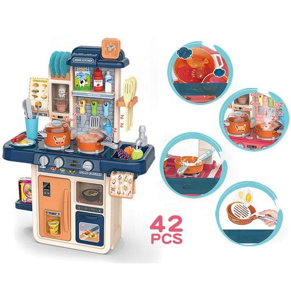 Resigilat - Set de Joaca Bucatarie Multifunctionala pentru Copii, 42 Piese, Lumini si Sunete Realiste, Aragaz, Cuptor, Chiuveta Functionala cu Apa, Bej Albastru, 63x47x23 Cm - LUDIRO