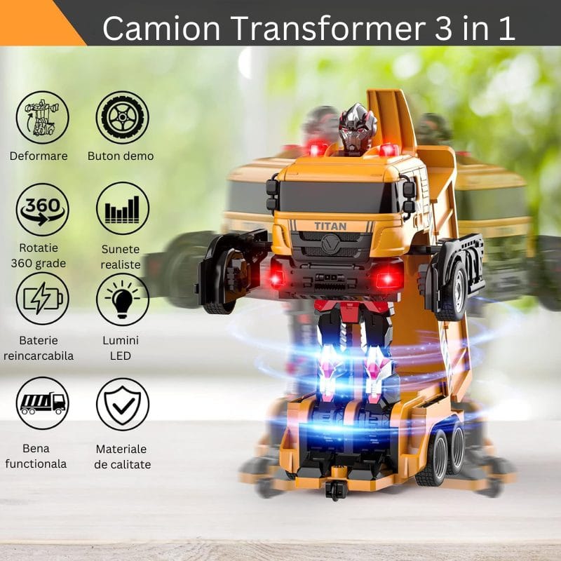 Camion Transformer 3 in 1, Functie Deformare, Buton Demo, Rotire 360 Grade, Sunete si Lumini Realiste, Acumulator Reincarcabil, Basculanta Functionala, 25x20x12 Cm, + 3 Ani, Utility One - LUDIRO