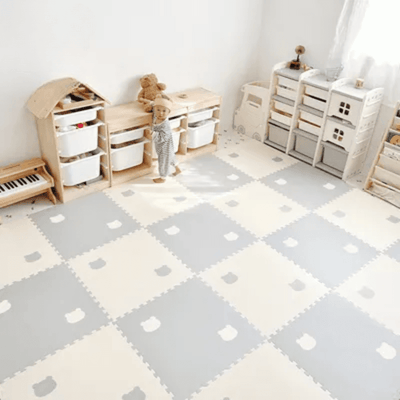 Covor Puzzle LUDIRO, 4 Piese 60x60 Cm, Spuma EVA, Protectie, Design Ursulet, Alb Gri - LUDIRO