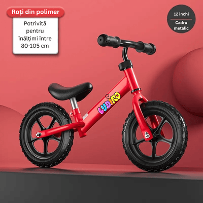 Resigilat - Bicicleta de Echilibru fara Pedale LUDIRO pentru Copii intre 2-5 Ani, Reglabila pe Inaltime, Rotire Ghidon 360 Grade, Roti din Polimer Antisoc Diametru 30 Cm, Cadru Metalic, Rosu - LUDIRO