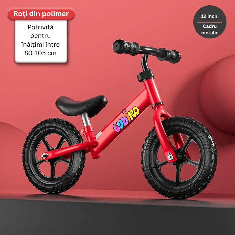 Resigilat - Bicicleta de Echilibru fara Pedale LUDIRO pentru Copii intre 2-5 Ani, Reglabila pe Inaltime, Rotire Ghidon 360 Grade, Roti din Polimer Antisoc Diametru 30 Cm, Cadru Metalic, Rosu - LUDIRO