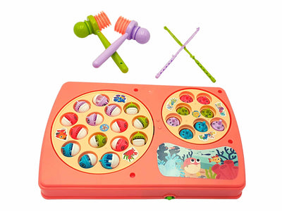 Set Interactiv 2 in 1, Joc Pescuit cu 15 Pestisori si 2 Undite, Joc Whack A Mole cu 8 Cartite si 2 Ciocanele, Cadru Rotativ, Sunete, 28x18x4 Cm, Roz, + 3 Ani - LUDIRO