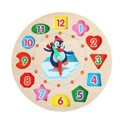 Ceas Educativ din lemn pentru Copii, Cifre Detasabile, Puzzle si Joc de Snuruit, Pinguin, + 3 Ani - LUDIRO