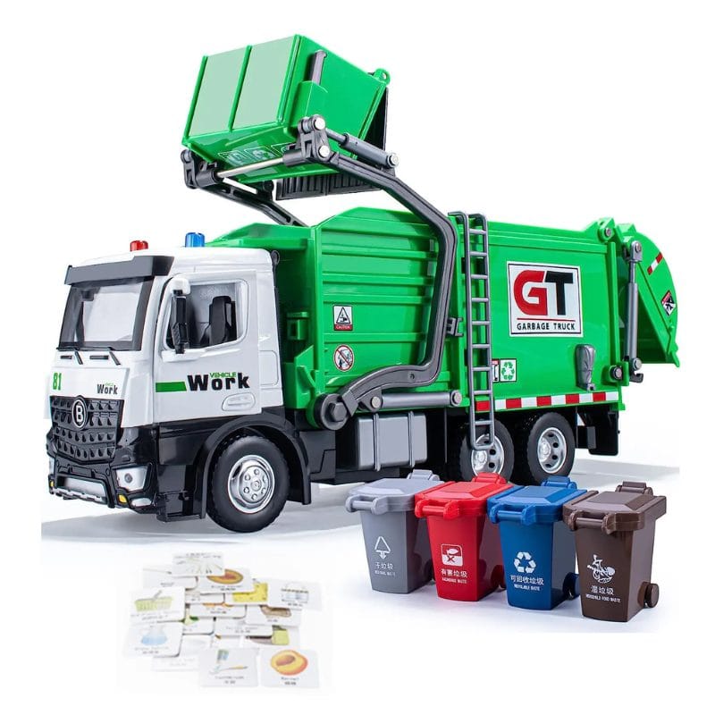 Camion de Gunoi din Metal cu Sunete si Lumini, Cosuri de Reciclare si Joc Educativ de Sortare a Deseurilor, Incurajeaza Responsabilitatea Ecologica, Cu Mecanism de Incarcare Functional, + 3 Ani - LUDIRO