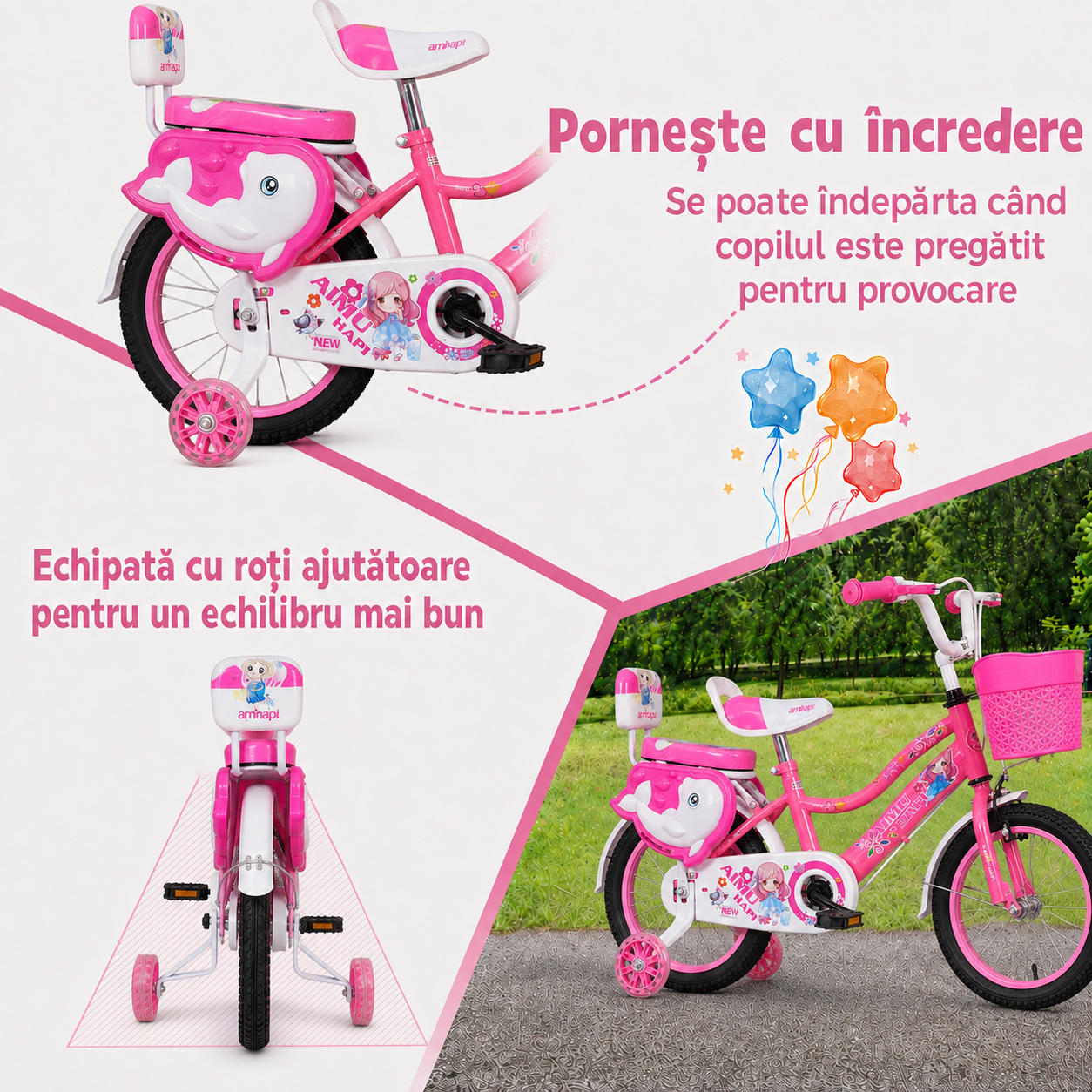 Roți ajutătoare detașabile cu LED; se pot îndepărta când copilul e pregătit