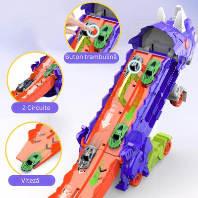 Set Multifunctional Dinozaur 2-in-1, Camion de Transport si Rampa de Lansare cu 2 Masinute, Distractie, Educatie si Dezvoltarea Creativitatii pentru Copii, + 3 Ani, Albastru Portocaliu - LUDIRO