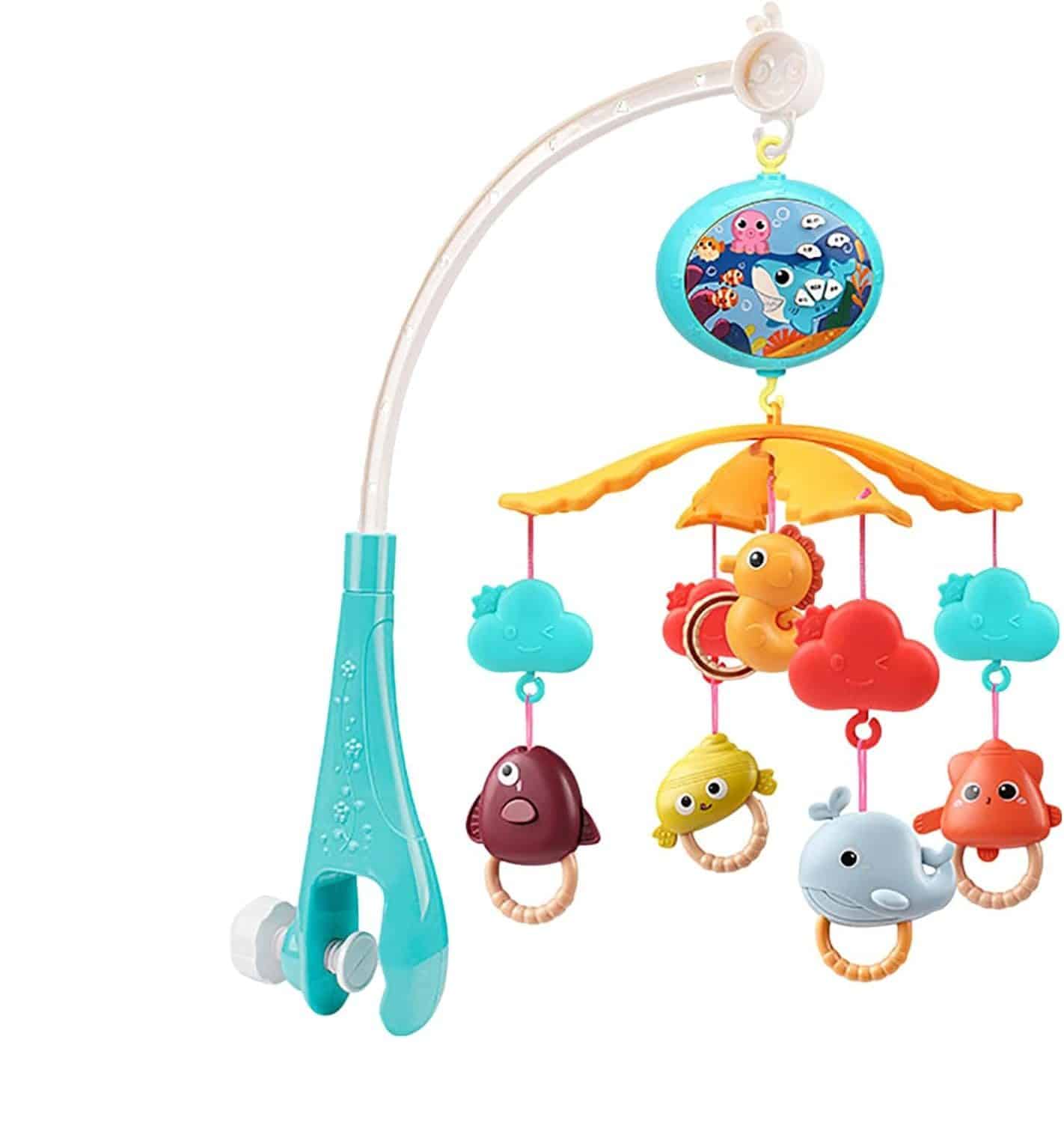 Carusel Muzical cu Telecomanda si Proiector, 200 Melodii, Volum Reglabil, Temporizator de Oprire, Functie Rotire, 54 x 9.5 Cm, Animale Marine, Albastru,+ 0 Luni - LUDIRO