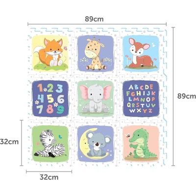 Resigilat - Covor Puzzle din Spuma EVA pentru Copii Ludiro, Set 9 Piese Educationale cu Animale, Litere si Cifre, Sigur, Non-Toxic, Suprafata Totala 89x89 Cm, Asamblare 3D, Joaca si Invatare - LUDIRO