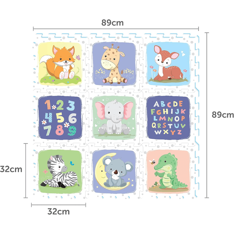 Resigilat - Covor Puzzle din Spuma EVA pentru Copii Ludiro, Set 9 Piese Educationale cu Animale, Litere si Cifre, Sigur, Non-Toxic, Suprafata Totala 89x89 Cm, Asamblare 3D, Joaca si Invatare - LUDIRO
