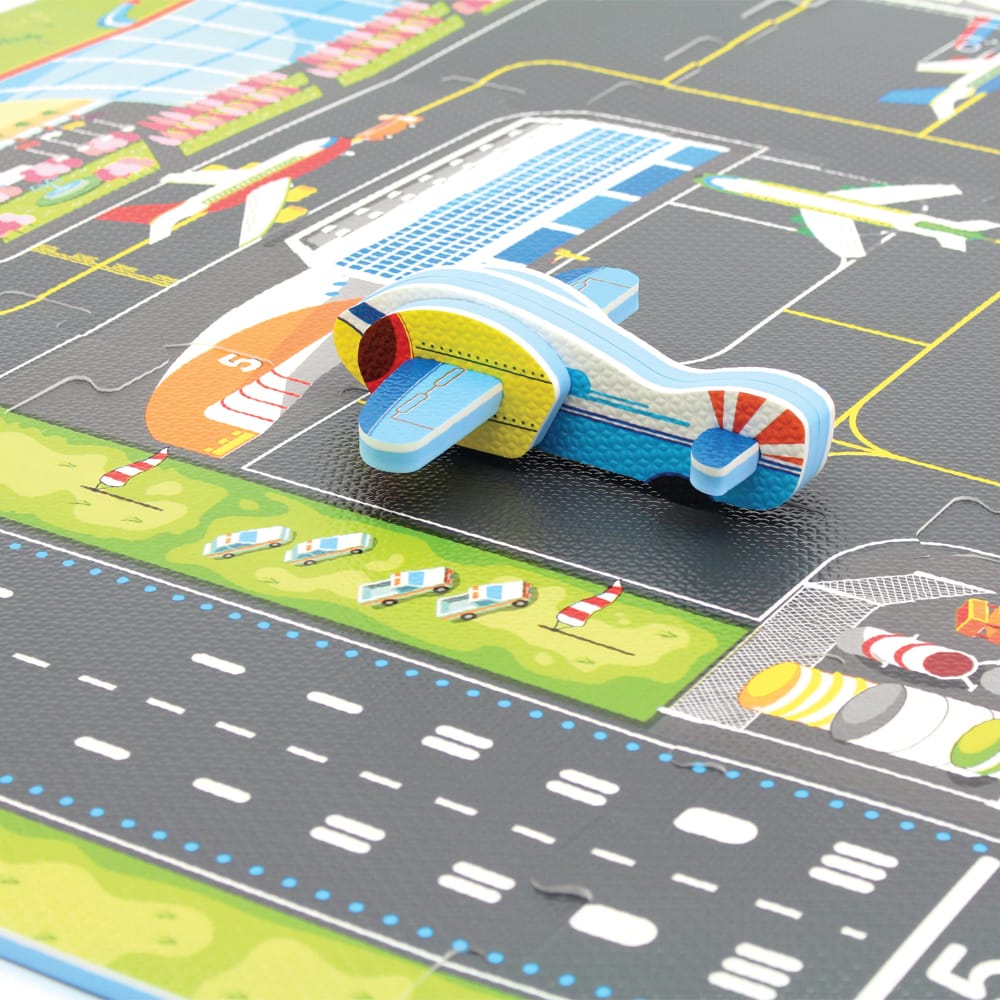Covor Puzzle din Spuma EVA pentru Copii Ludiro, Set 9 Piese Educationale cu Aeroport, Avion 3D de Asamblat - LUDIRO