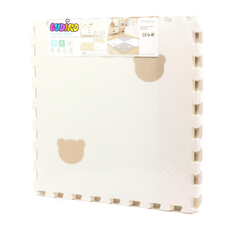 Covor Puzzle LUDIRO, 4 Piese 60x60 Cm, Spuma EVA, Protectie, Versatilitate si Siguranta pentru Orice Spatiu, Design Ursulet, Alb Bej - LUDIRO