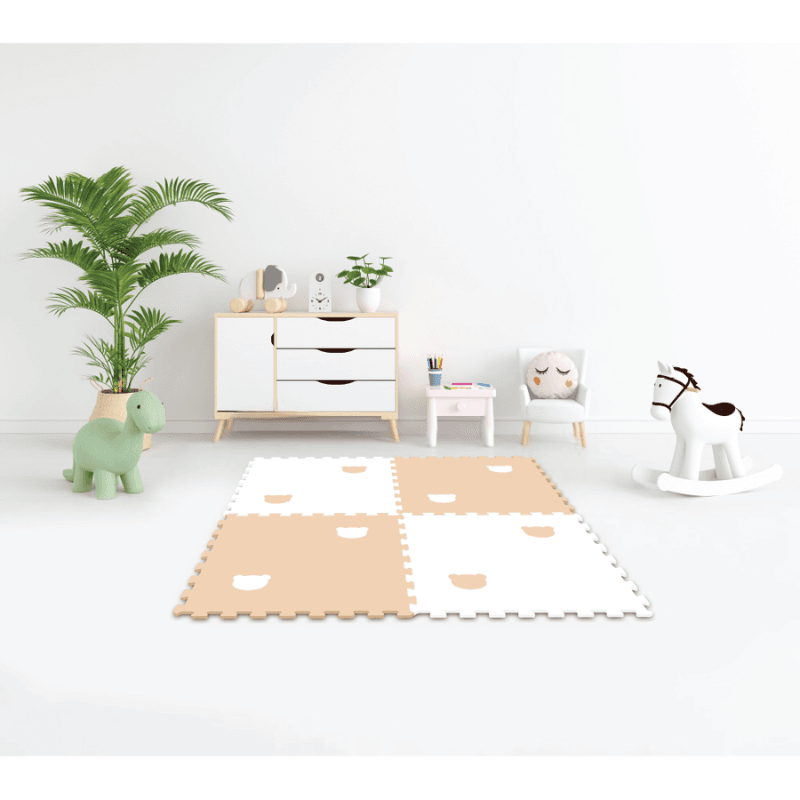 Covor Puzzle LUDIRO, 4 Piese 60x60 Cm, Spuma EVA, Protectie, Versatilitate si Siguranta pentru Orice Spatiu, Design Ursulet, Alb Bej - LUDIRO