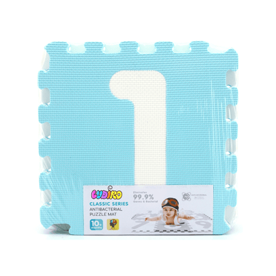 Covor Puzzle Antibacterian LUDIRO cu Cifre 1-9, 9 Piese 32x32 cm, Spuma EVA cu Ioni de Argint, Alb Bleu - LUDIRO