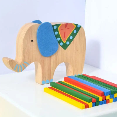 Jucarie Interactiva de Sortat si Stivuit, Elefant cu Bete de Lemn, Stimuleaza Atentia si Dexteritatea, 15x11x1.5 Cm, +3 Ani, Utility One - LUDIRO
