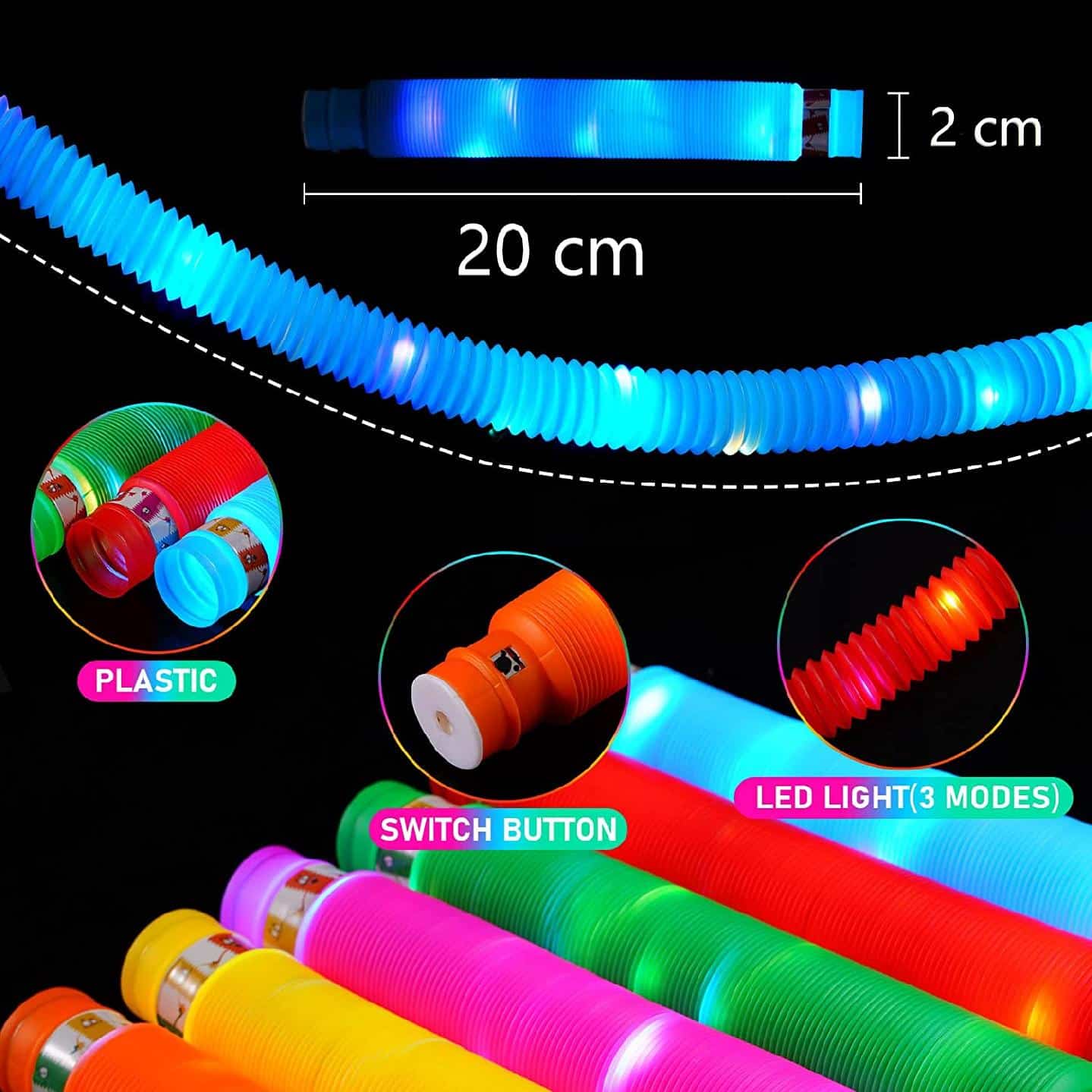 Set 12 Tuburi Antistres, cu Lumini LED Interactive, Fidget Pop Tube, 20x2 cm - LUDIRO