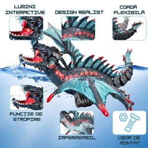 Dragon Interactiv de Apă cu Telecomandă, Funcție Stropire, Lumini, Acumulator Reîncărcabil, 43 cm, Jucărie Piscină, Verde Gri - LUDIRO