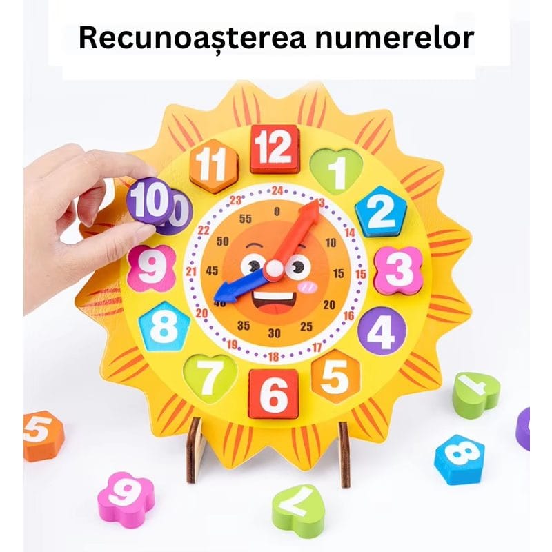 Ceas Educational din Lemn pentru Copii cu Design Dragut, Soare Zambitor, Instrument Didactic Interactiv pentru Invatarea Orei, Dezvoltarea Abilitatilor Cognitive si Pregatirea Prescolara, 22x22 Cm, + - LUDIRO