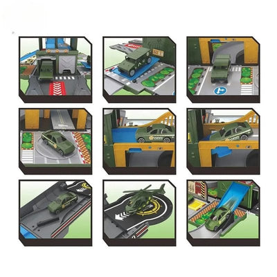Set de Joaca Camion 2 in 1 Transformabil in Vehicul Militar, cu Masini, Elicopter, Rampa si Sunete Realiste, Jucarie Educativa pentru Copii, Stimuleaza Invatarea prin Joaca,+ 3 Ani - LUDIRO