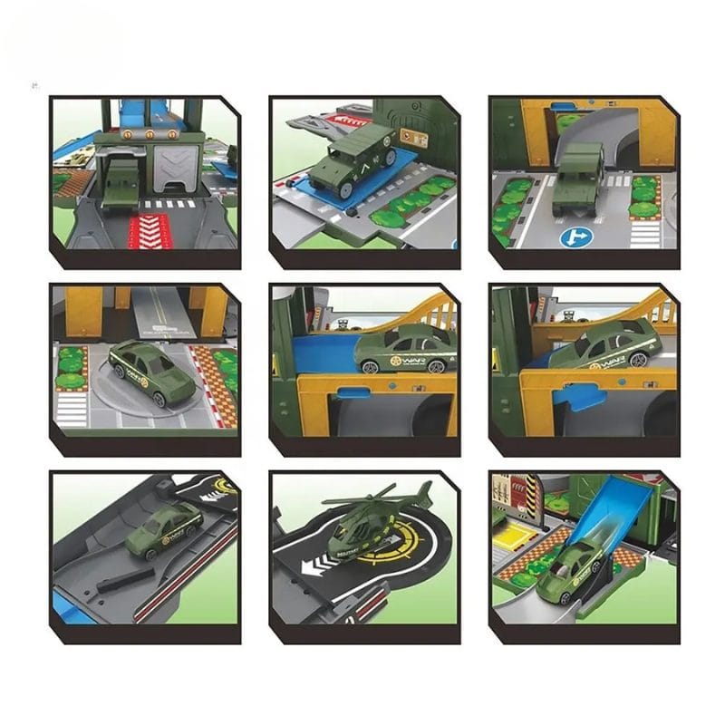 Set de Joaca Camion 2 in 1 Transformabil in Vehicul Militar, cu Masini, Elicopter, Rampa si Sunete Realiste, Jucarie Educativa pentru Copii, Stimuleaza Invatarea prin Joaca,+ 3 Ani - LUDIRO