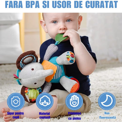 Jucărie de Pluș Interactivă Elefant pentru Bebeluși, Senzorială, Dentiție, Agățătoare, 0+ Luni - LUDIRO