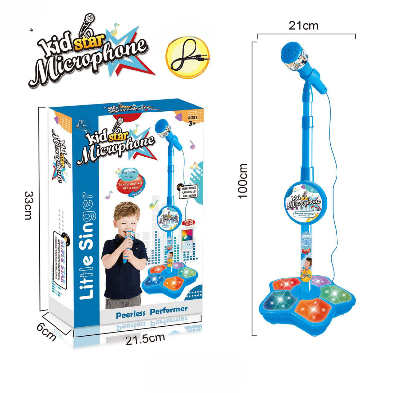 Microfon Karaoke pentru Copii cu Stativ Reglabil, Sunete, Lumini si Functie MP3, Albastru - LUDIRO