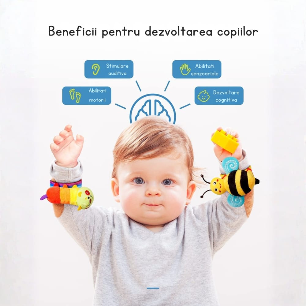 Set 4 jucării zornăitoare pentru mâini și picioare bebeluși 0-12 luni, senzoriale - LUDIRO