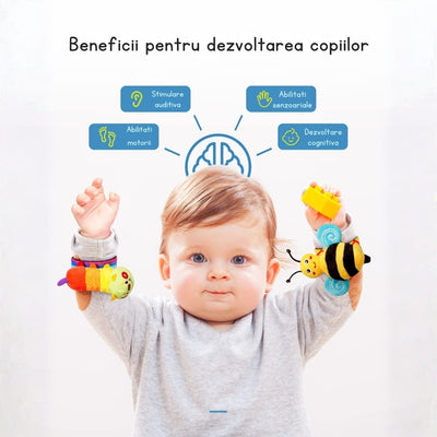 Set 4 jucării zornăitoare pentru mâini și picioare bebeluși 0-12 luni, senzoriale - LUDIRO