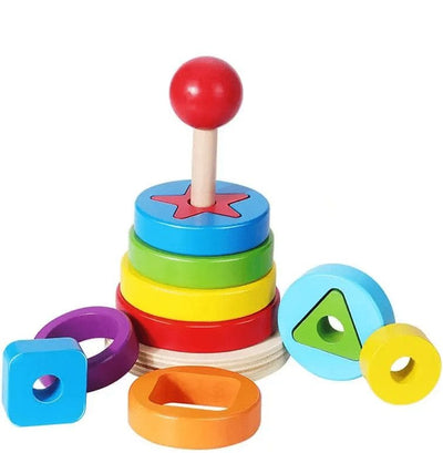Jucarie din Lemn Educativa de Stivuire cu Forme Geometrice, Turn Montessori, + 3 Ani, 15.5x9 cm - LUDIRO