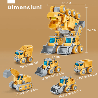 Dinozaur Transformabil 5 in 1 cu Vehicule de Constructii STEM, Sunete si Lumini - LUDIRO