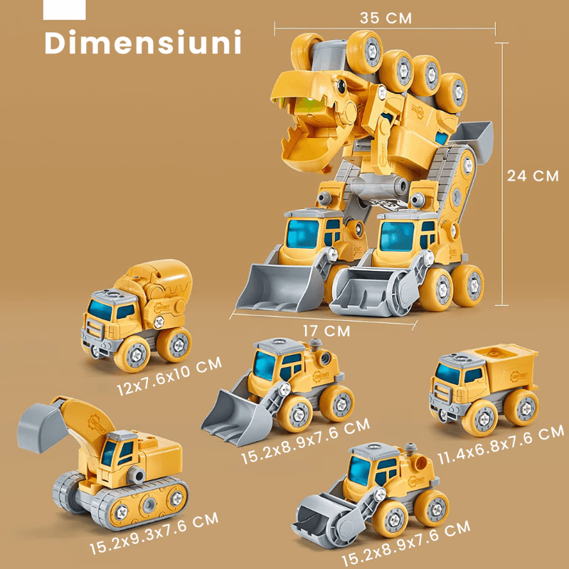 Dinozaur Transformabil 5 in 1 cu Vehicule de Constructii STEM, Sunete si Lumini - LUDIRO