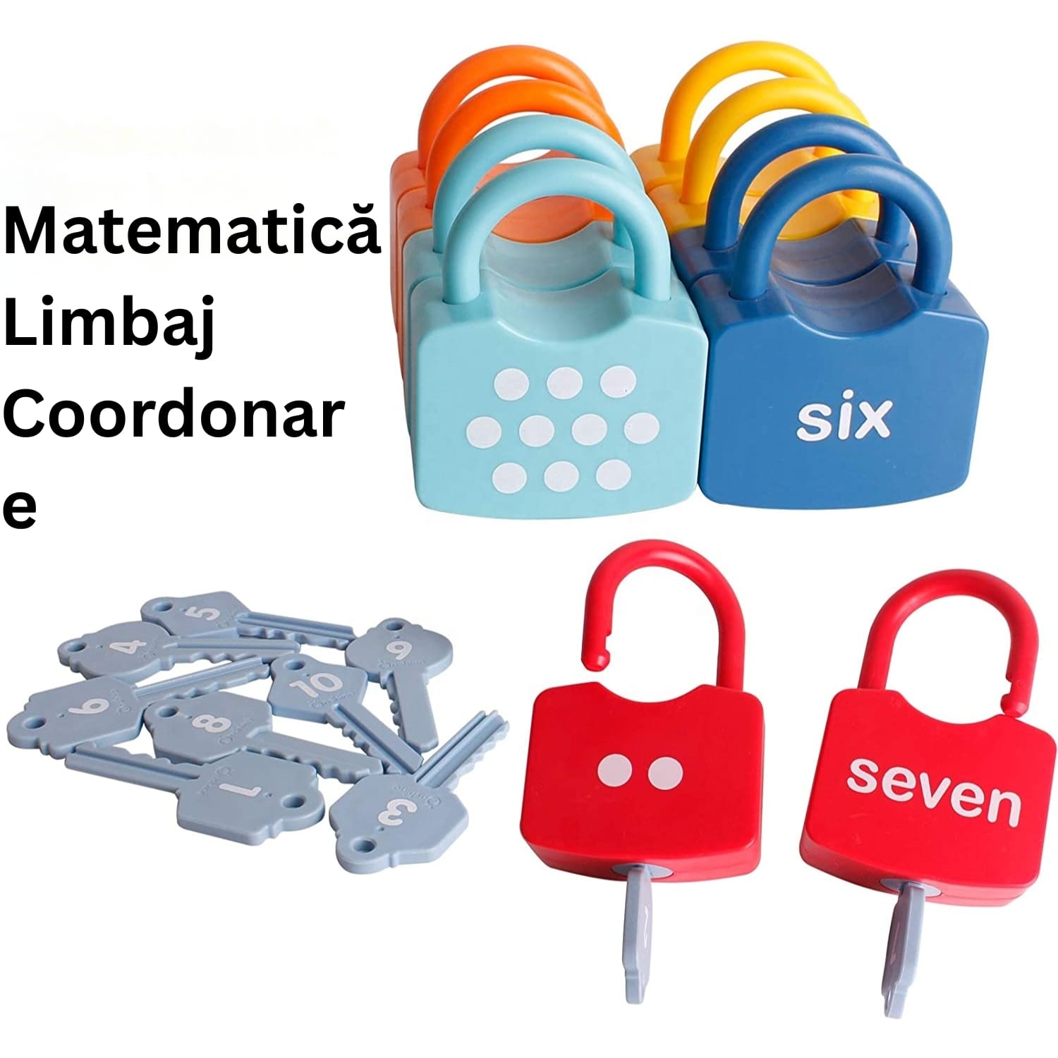 Joc Educativ Montessori Lacăte și Chei, Învățare Cifre 1-10, 20 Piese, Abilități Motorii, Fără BPA, Copii 3+ Ani - LUDIRO