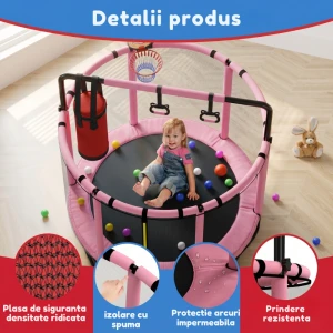 Trambulină pentru copii 8 în 1, Diametru 140 cm, cu plasă de siguranță, hamac, inele și coș de baschet, pentru interior și exterior, Certificare de Siguranta, Roz - LUDIRO