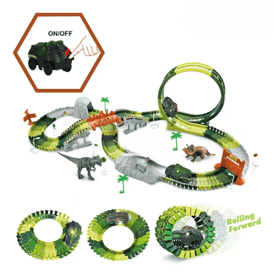 Set interactiv DIY, Pista de Curse Dino Park cu Masinuta Electrica, 132 Piese, 2 Dinozauri, Diferite Accesorii, Lumini si Sunete, 110x48x23 Cm + 3 Ani - LUDIRO