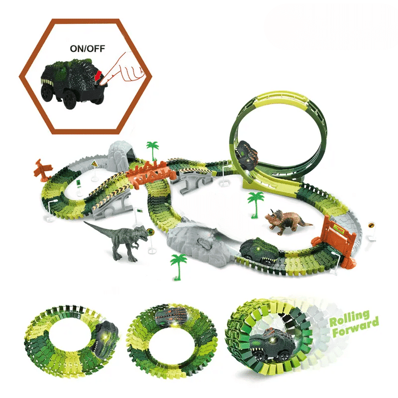Set interactiv DIY, Pista de Curse Dino Park cu Masinuta Electrica, 132 Piese, 2 Dinozauri, Diferite Accesorii, Lumini si Sunete, 110x48x23 Cm + 3 Ani - LUDIRO