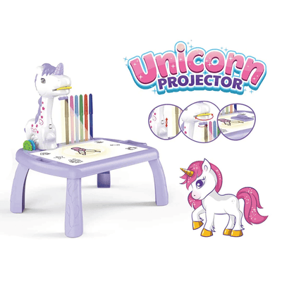Set Masuta pentru Desen cu Proiector Holografic si Accesorii, 3 Discuri cu 24 Modele, Unicorn, 12 Carioci, Mov, 32x29.5x23 Cm, + 3 Ani - LUDIRO
