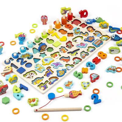 Jucarie Educativa Multifunctionala Montessori, Puzzle din Lemn cu Cifre, Forme, Animale, Dinozauri si Vehicule pentru Dezvoltarea Cognitiva, Ideal pentru Copii Prescolari, 40x22.5 Cm, + 3 Ani - LUDIRO