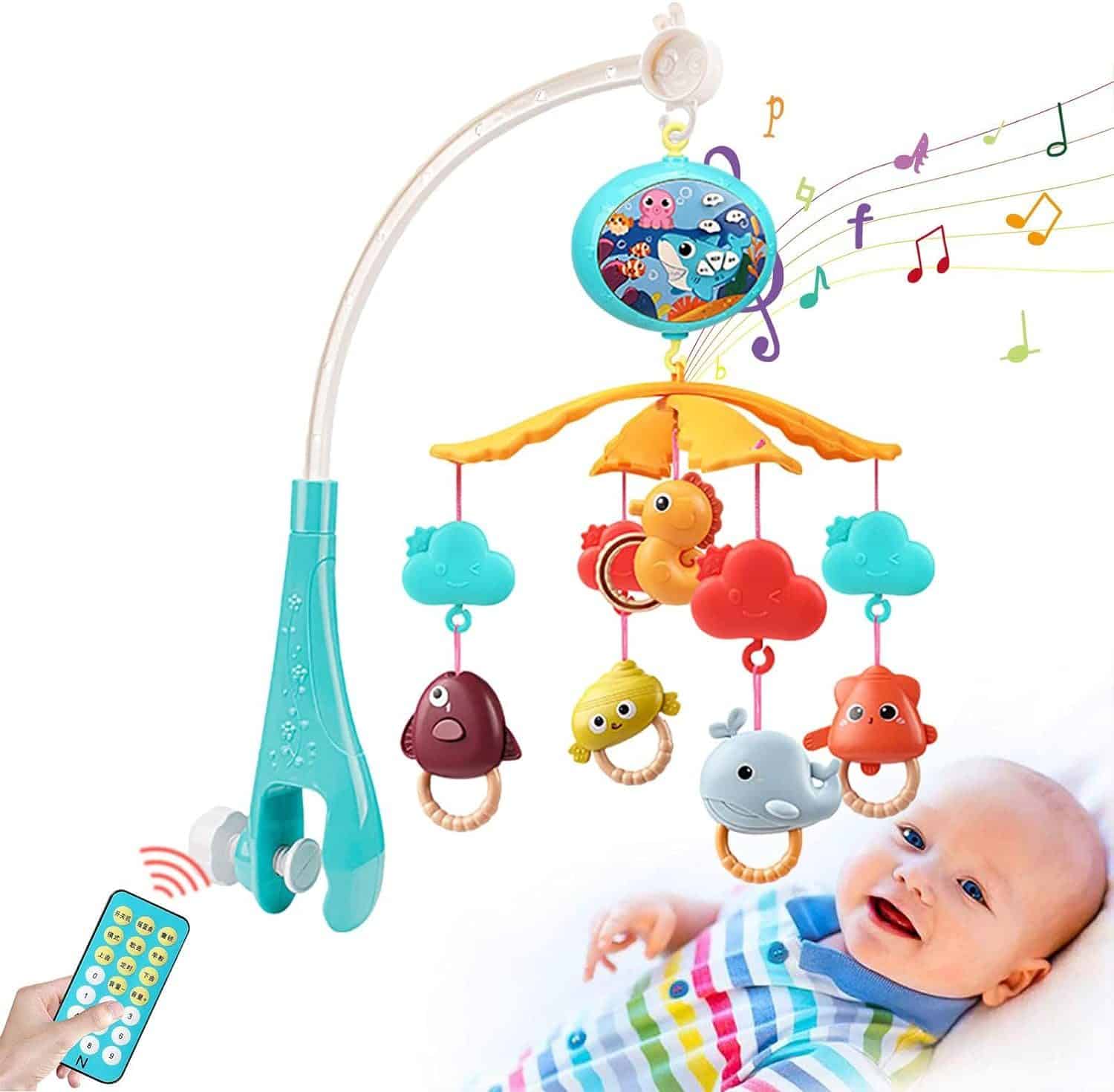 Carusel Muzical cu Telecomanda si Proiector, 200 Melodii, Volum Reglabil, Temporizator de Oprire, Functie Rotire, 54 x 9.5 Cm, Animale Marine, Albastru,+ 0 Luni - LUDIRO